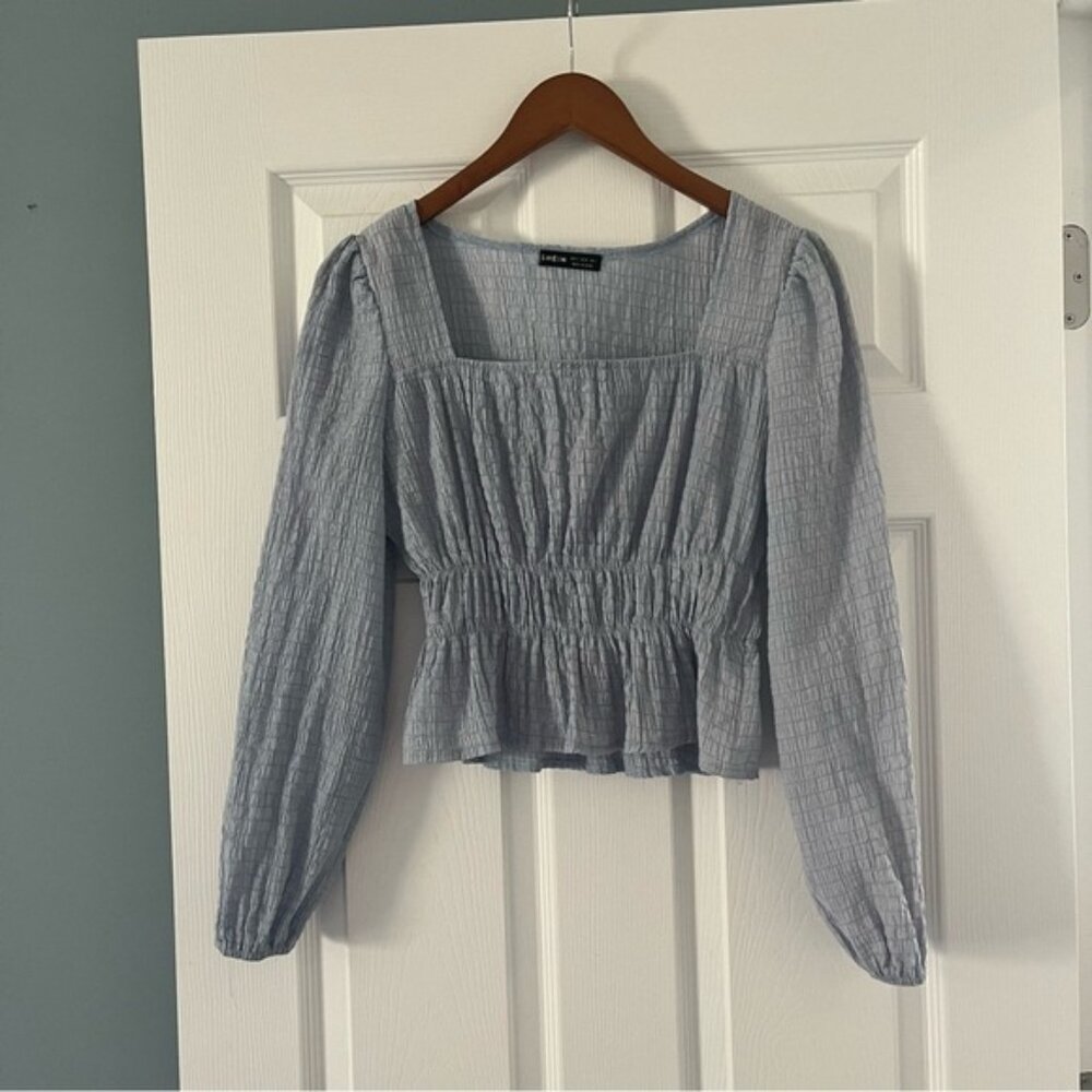 Shein Blue Long Sleeve Blouse Stretch Middle Baby Doll Style